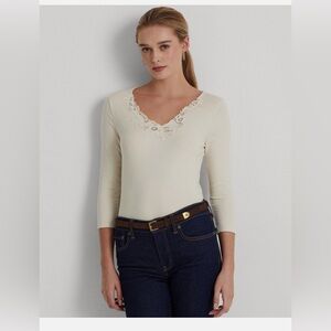 Ralph Lauren Elegant Cream Lace Trim Cotton Stetch V-Neck Top Sz S